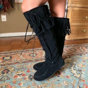 Women's Moccasin Knee High Pull-on Flat Boots, Black, Size 8.5